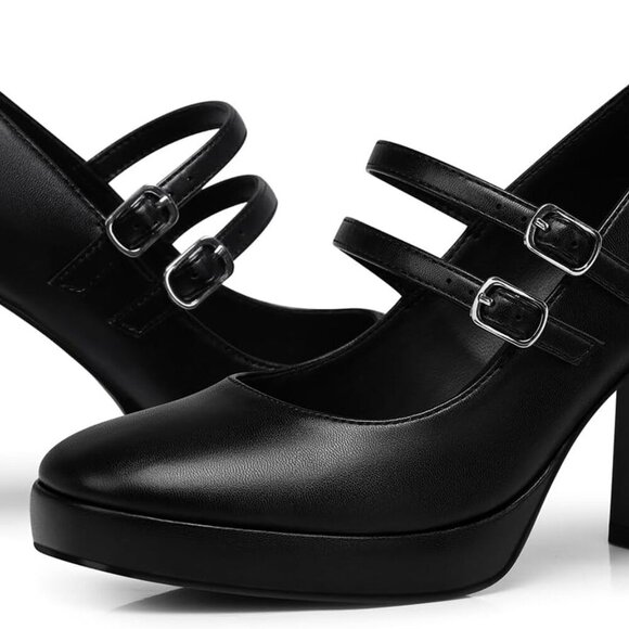Women Mary Jane Shoes Faux Leather Chunky Heels 3.5-Inch Platform Pumps - Picture 2 of 5